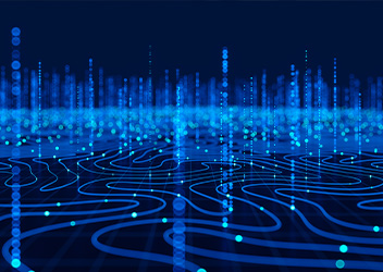 Digital abstract artwork featuring a blue grid with glowing lines and dots, resembling a futuristic landscape or data network.